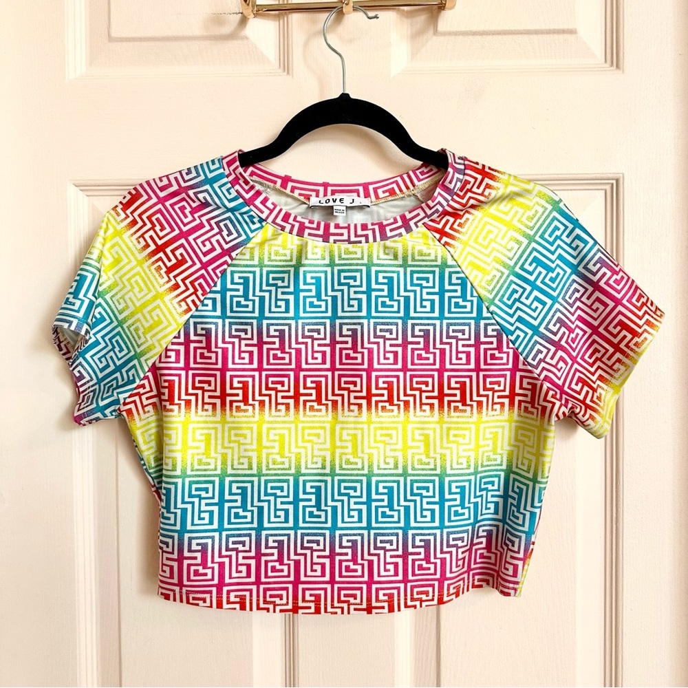 Bright patterned Love J crop top